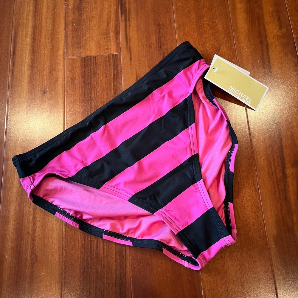 Michael Korsโ Stripe Bikini Bottom Swim Pink Black Beach Resort New Size Small